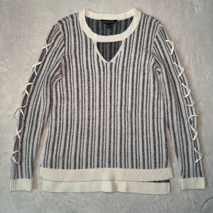 Grunge Knit Gray and White Striped Sweater with Lace-Up Sleeves, Unisex